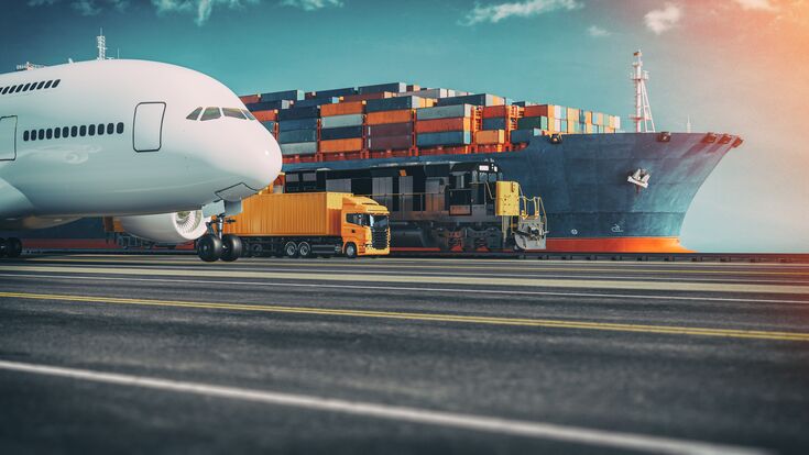 © phaisarnwong2517 / Adobe Stock Transportation and logistics of Container Cargo ship and Cargo plane. 3d rendering and illustration.
